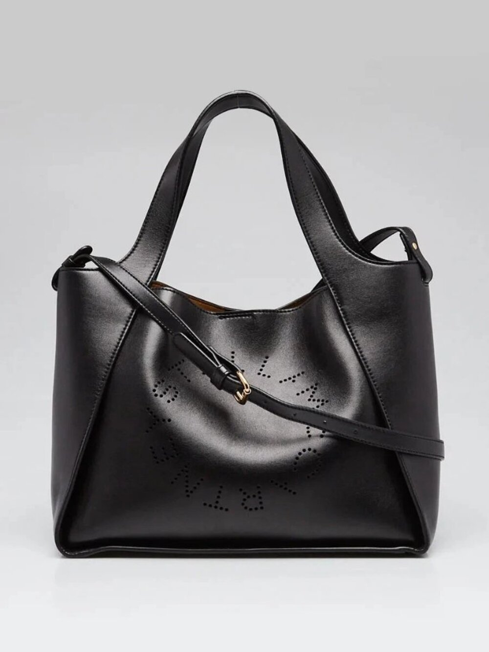 Stella McCartney Black Faux Leather Perforated Logo Top Handle Crossbody Bag